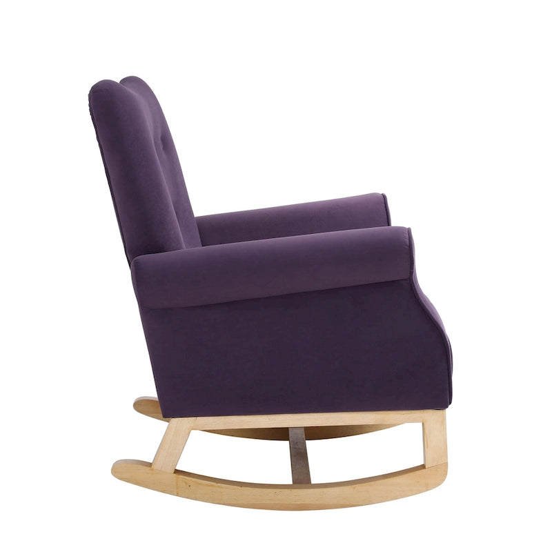 Velvet Tufted High Back Rocking Chair - Single Seat with Wood Legs