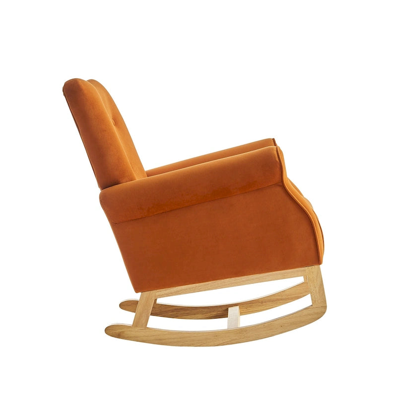 Velvet Tufted High Back Rocking Chair - Single Seat with Wood Legs