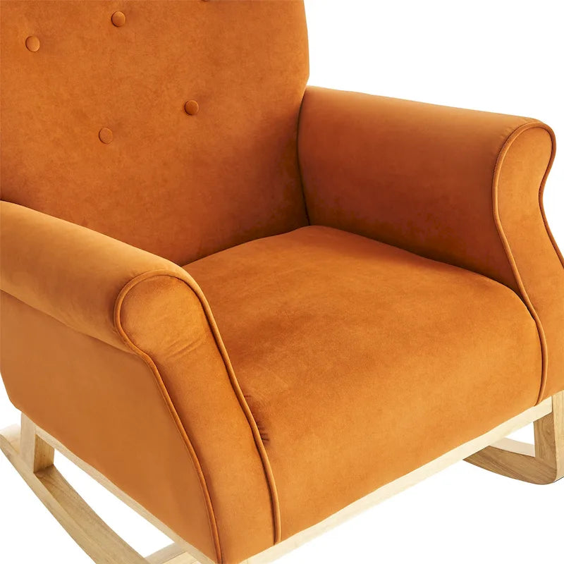 Velvet Tufted High Back Rocking Chair - Single Seat with Wood Legs