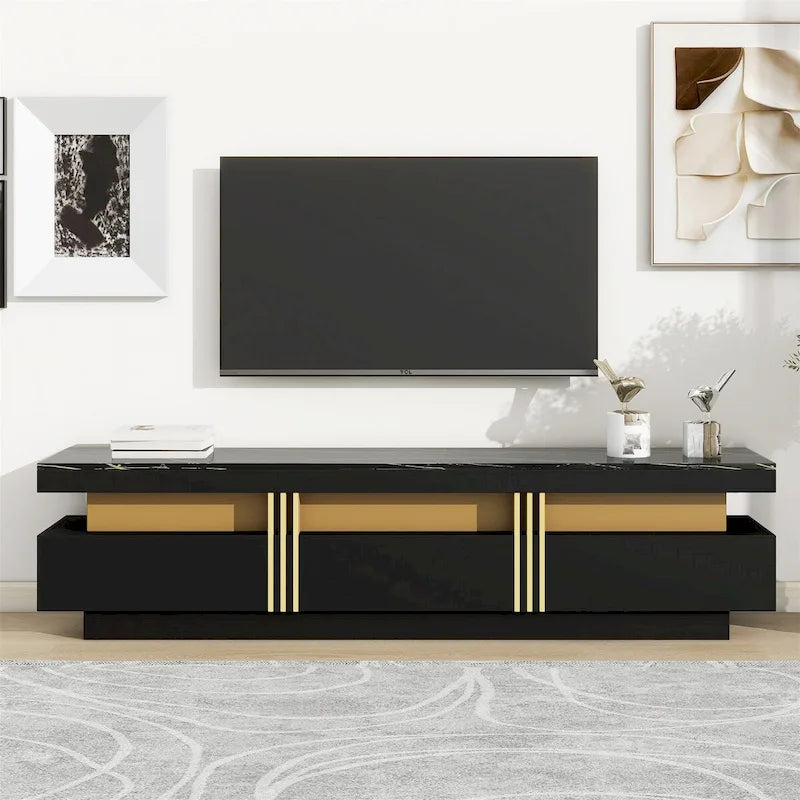 White Marble TV Stand with Gold Trim - 3 Drawer Media Console (68.8")