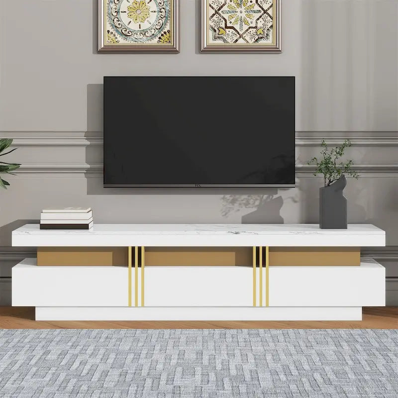 White Marble TV Stand with Gold Trim - 3 Drawer Media Console (68.8")