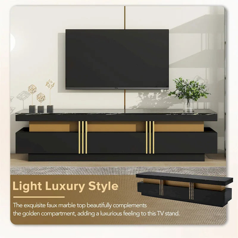 White Marble TV Stand with Gold Trim - 3 Drawer Media Console (68.8")