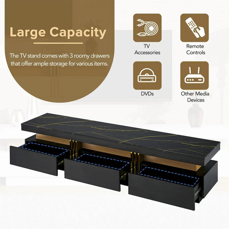 White Marble TV Stand with Gold Trim - 3 Drawer Media Console (68.8")