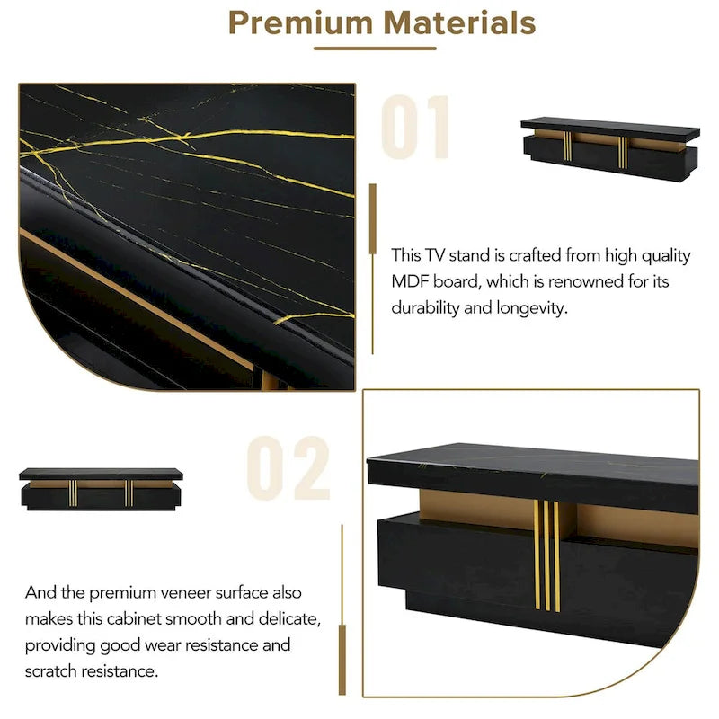 White Marble TV Stand with Gold Trim - 3 Drawer Media Console (68.8")