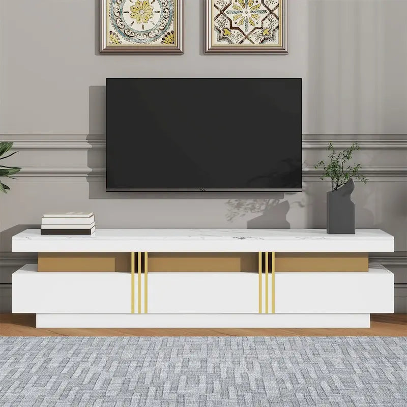 White Marble TV Stand with Gold Trim - 3 Drawer Media Console (68.8")