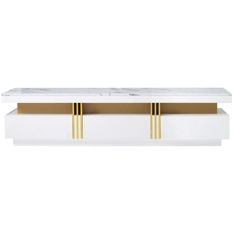 White Marble TV Stand with Gold Trim - 3 Drawer Media Console (68.8")