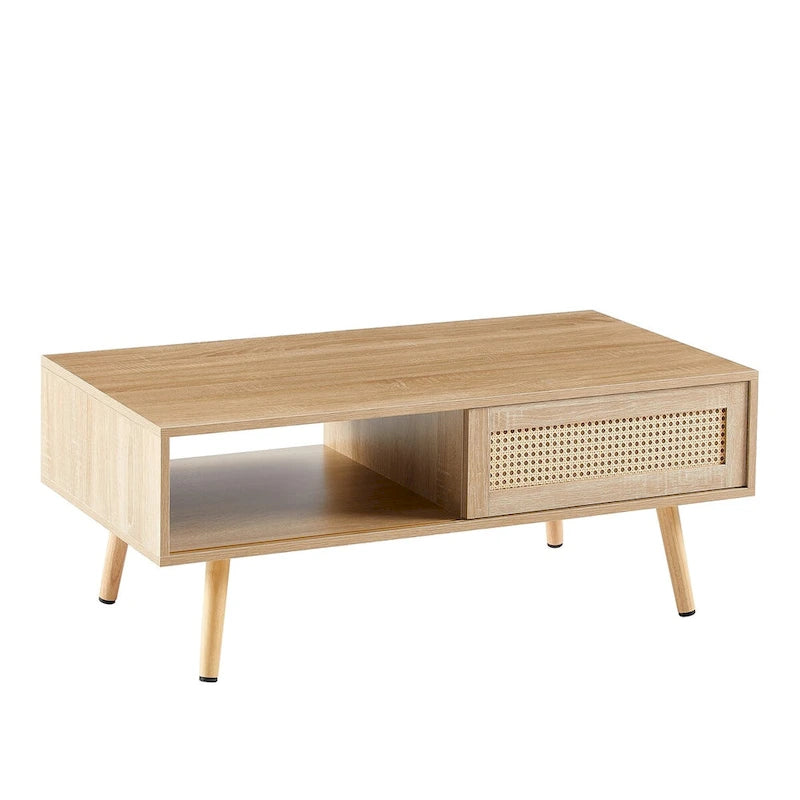 Natural Wood Coffee Table with Rattan Sliding Door - Rectangle Storage Table