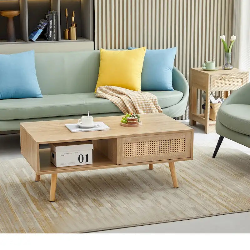 Natural Wood Coffee Table with Rattan Sliding Door - Rectangle Storage Table