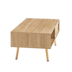 Natural Wood Coffee Table with Rattan Sliding Door - Rectangle Storage Table