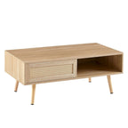 Natural Wood Coffee Table with Rattan Sliding Door - Rectangle Storage Table
