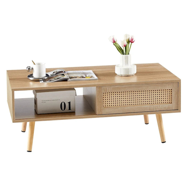 Natural Wood Coffee Table with Rattan Sliding Door - Rectangle Storage Table