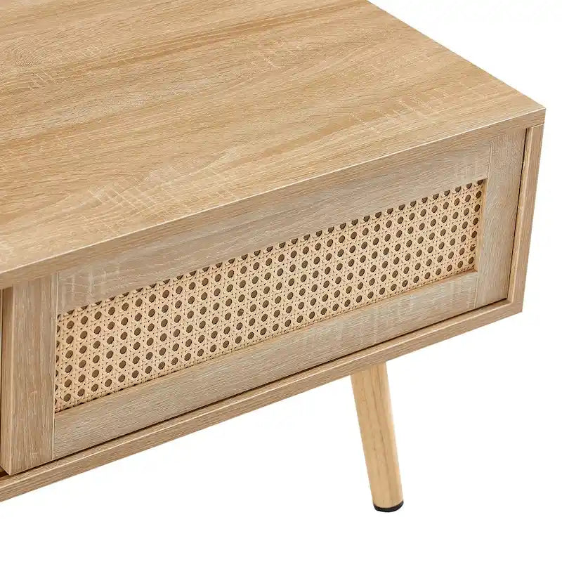 Natural Wood Coffee Table with Rattan Sliding Door - Rectangle Storage Table