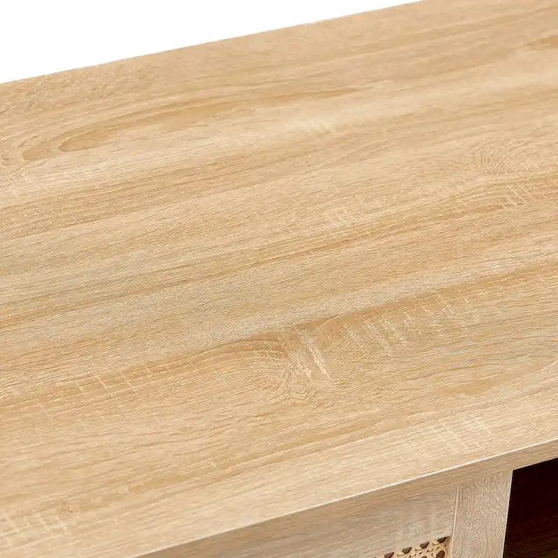 Natural Wood Coffee Table with Rattan Sliding Door - Rectangle Storage Table