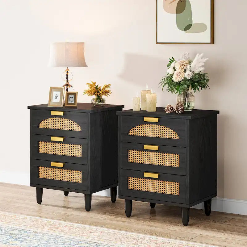 Green Wood Nightstand with Rattan Accents - 3 Drawer (20")
