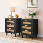 Green Wood Nightstand with Rattan Accents - 3 Drawer (20")