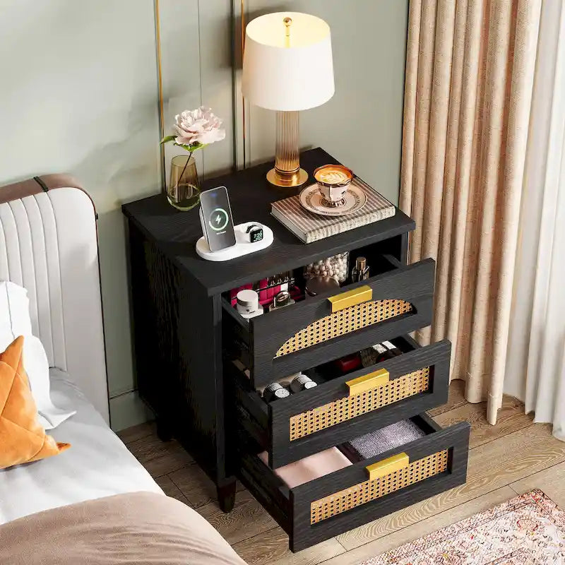 Green Wood Nightstand with Rattan Accents - 3 Drawer (20")