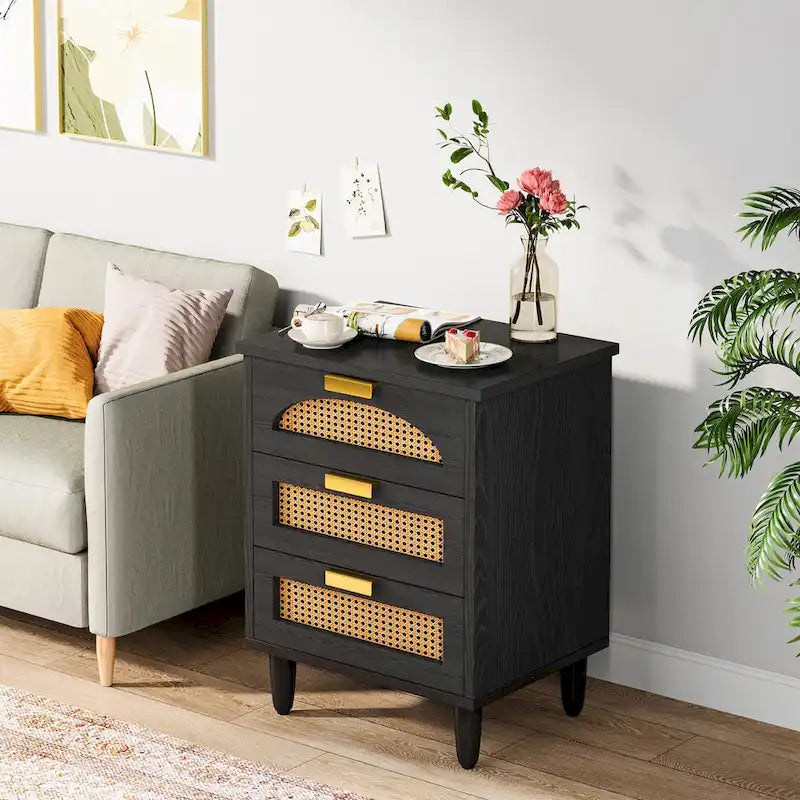 Green Wood Nightstand with Rattan Accents - 3 Drawer (20")