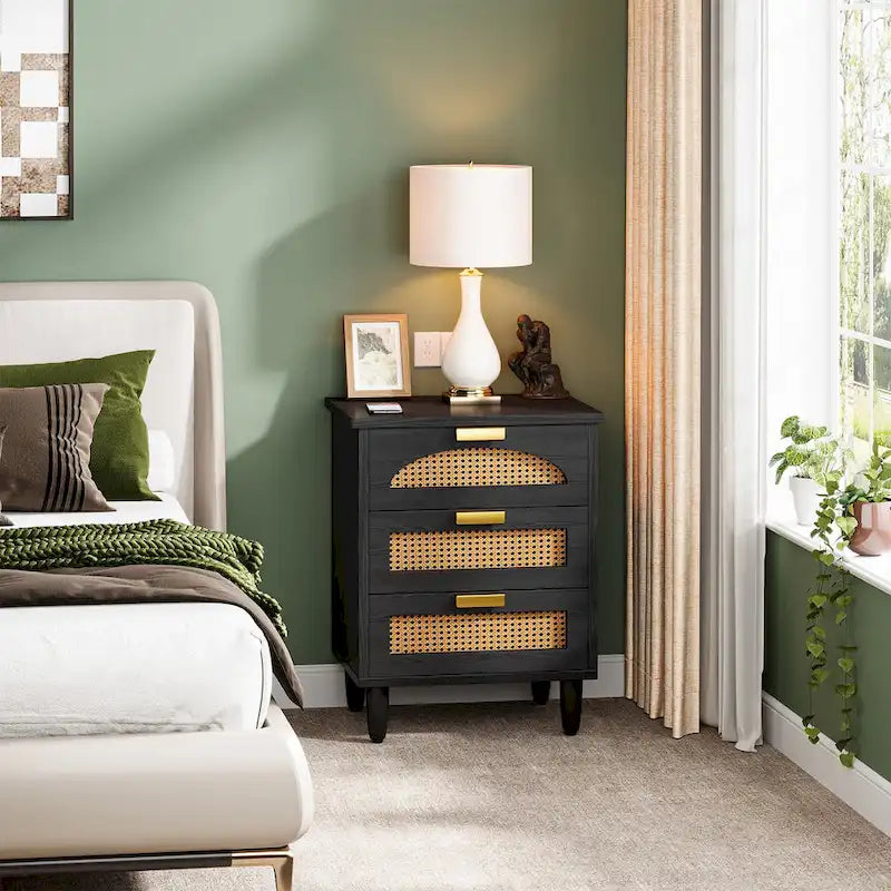 Green Wood Nightstand with Rattan Accents - 3 Drawer (20")