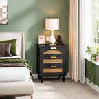 Green Wood Nightstand with Rattan Accents - 3 Drawer (20")