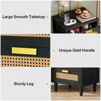 Green Wood Nightstand with Rattan Accents - 3 Drawer (20")