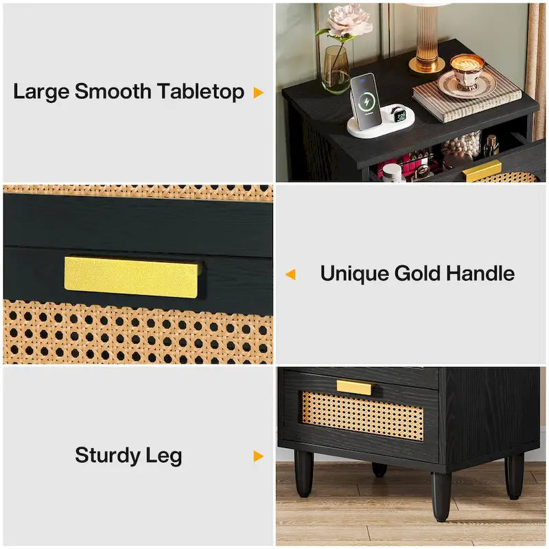 Green Wood Nightstand with Rattan Accents - 3 Drawer (20")