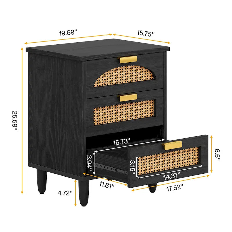 Green Wood Nightstand with Rattan Accents - 3 Drawer (20")