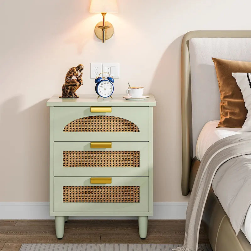 Green Wood Nightstand with Rattan Accents - 3 Drawer (20")