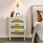 Green Wood Nightstand with Rattan Accents - 3 Drawer (20")