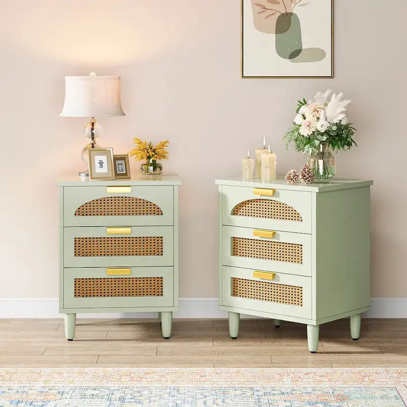 Green Wood Nightstand with Rattan Accents - 3 Drawer (20")