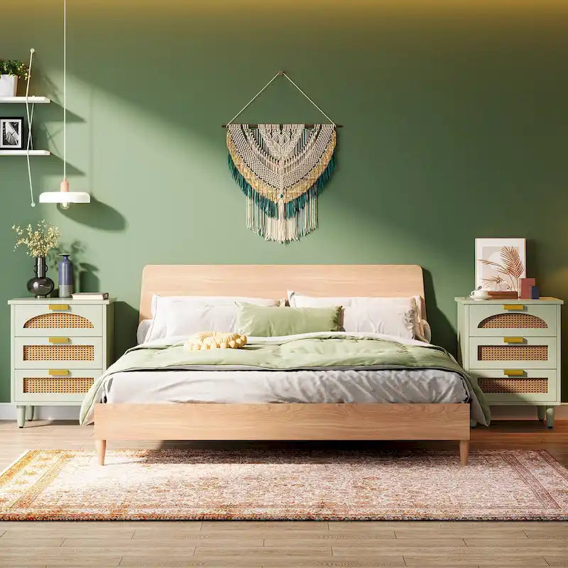 Green Wood Nightstand with Rattan Accents - 3 Drawer (20")