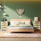 Green Wood Nightstand with Rattan Accents - 3 Drawer (20")