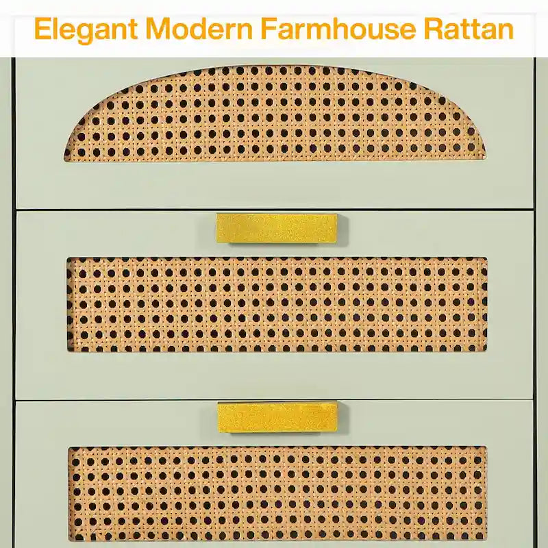 Green Wood Nightstand with Rattan Accents - 3 Drawer (20")