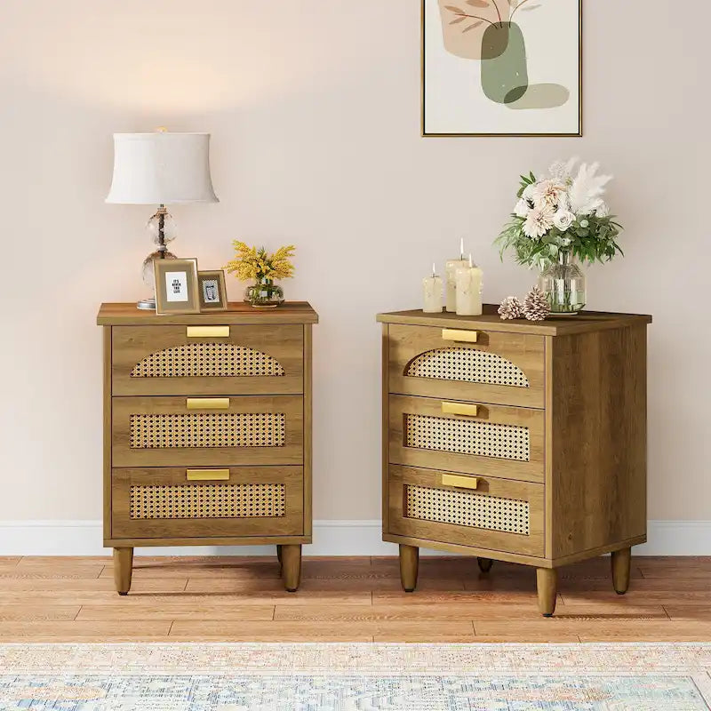 Green Wood Nightstand with Rattan Accents - 3 Drawer (20")