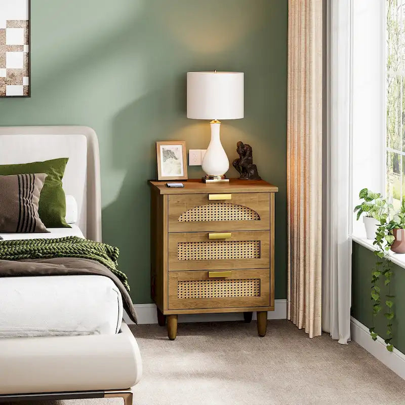 Green Wood Nightstand with Rattan Accents - 3 Drawer (20")
