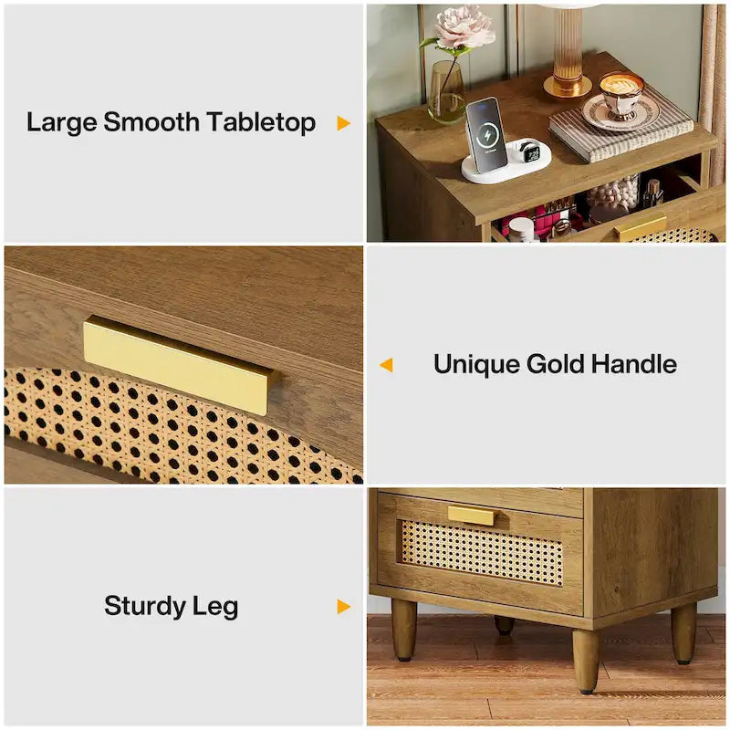 Green Wood Nightstand with Rattan Accents - 3 Drawer (20")