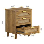 Green Wood Nightstand with Rattan Accents - 3 Drawer (20")