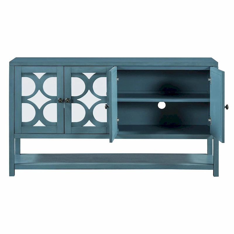 Natural Wood Console Table with Mirrored Doors - Acacia Legs