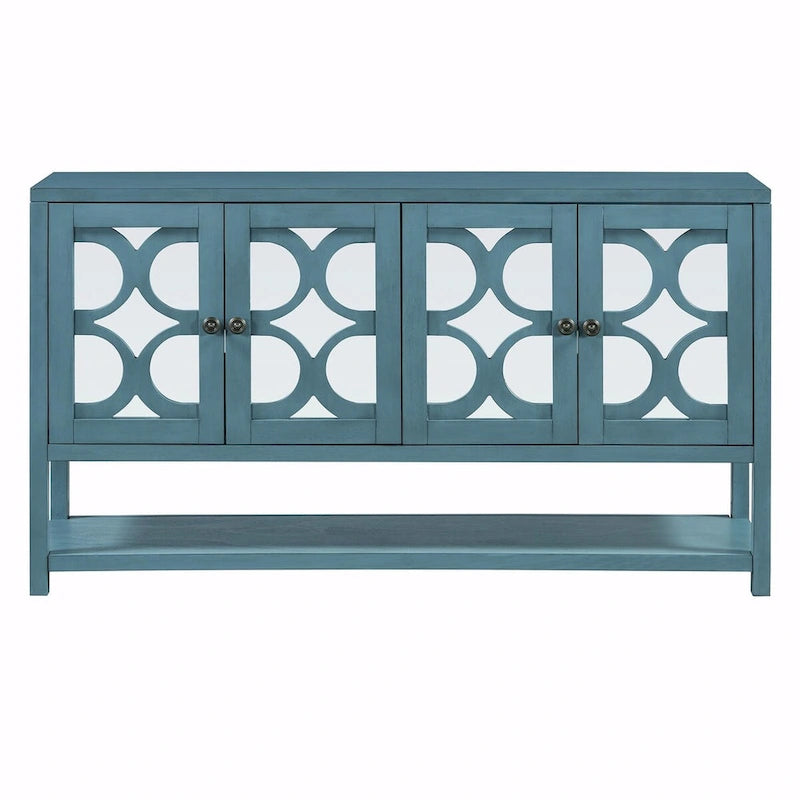 Natural Wood Console Table with Mirrored Doors - Acacia Legs