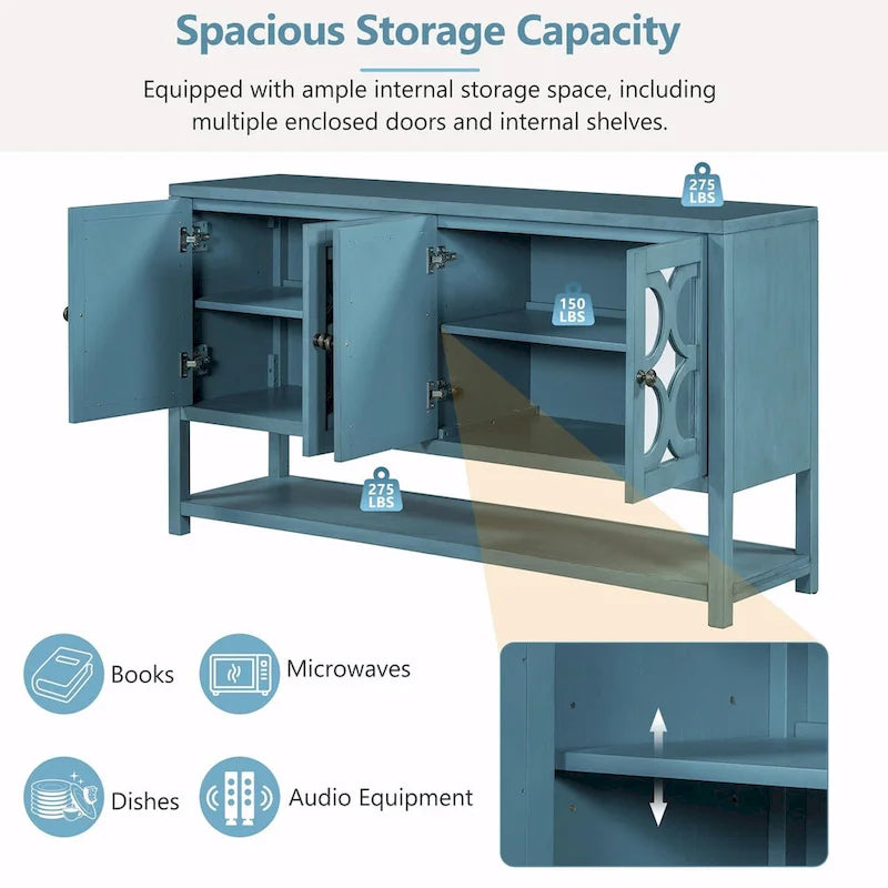 Natural Wood Console Table with Mirrored Doors - Acacia Legs