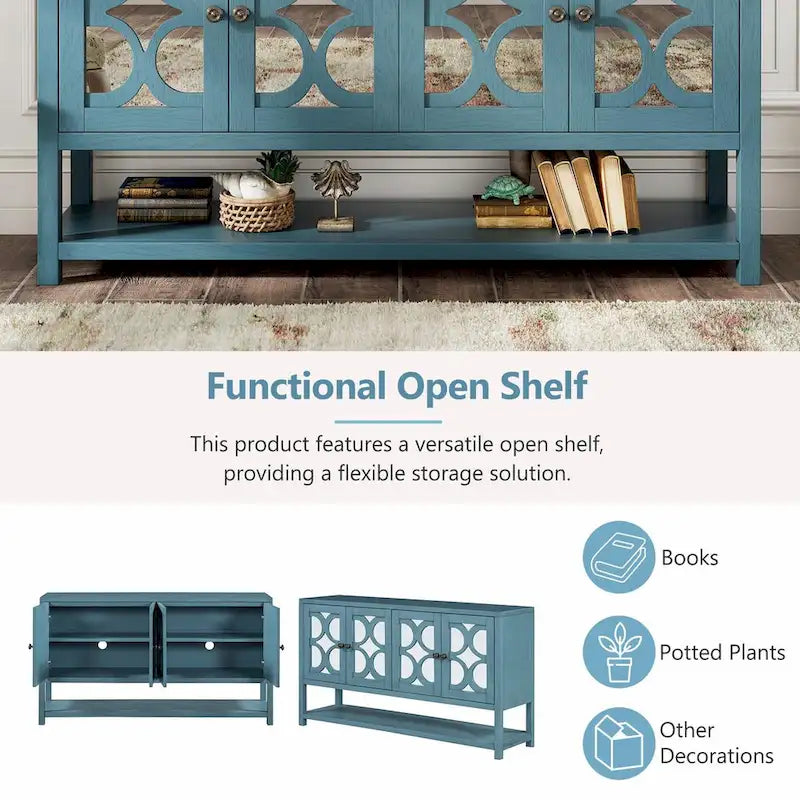 Natural Wood Console Table with Mirrored Doors - Acacia Legs