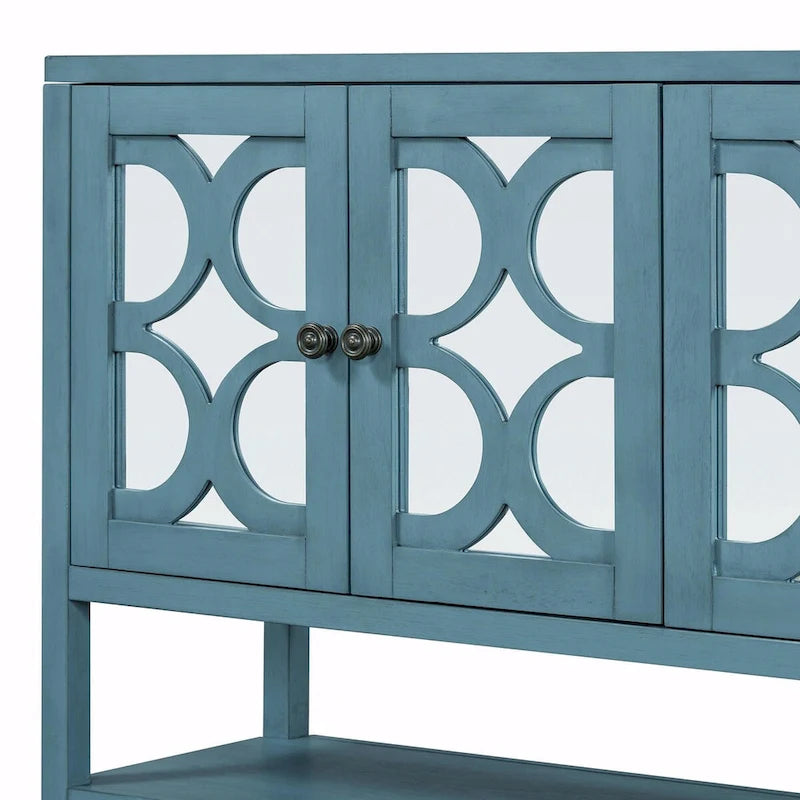 Natural Wood Console Table with Mirrored Doors - Acacia Legs