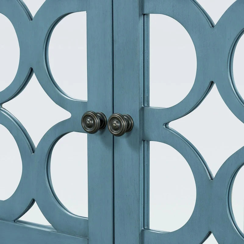 Natural Wood Console Table with Mirrored Doors - Acacia Legs