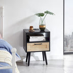 15.75Rattan End table with Power Outlet &USB PortsModern nightstand with drawer and solid wood legs,side table for living room