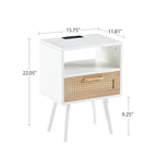 15.75Rattan End table with Power Outlet &USB PortsModern nightstand with drawer and solid wood legs,side table for living room