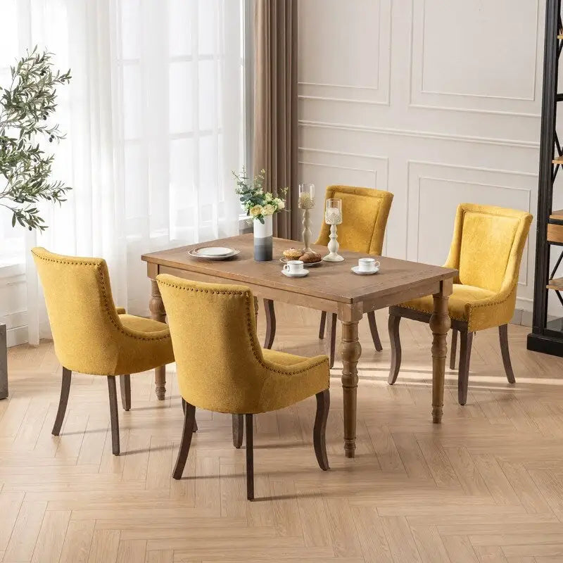 Thickened Fabric Dining Chairs w/Solid Wood Legs,Bronze nail head,Set of 2