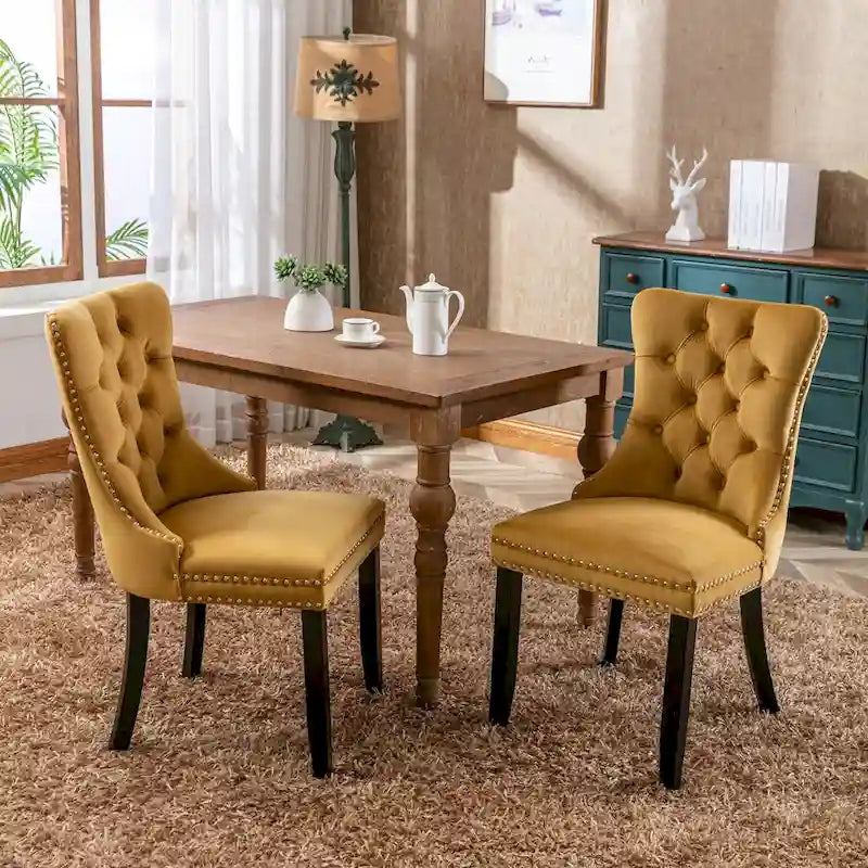 High-end Tufted Solid Wood Contemporary Velvet Upholstered Dining Chair with Wood Legs Nailhead Trim 2-Pcs Set,Gloden