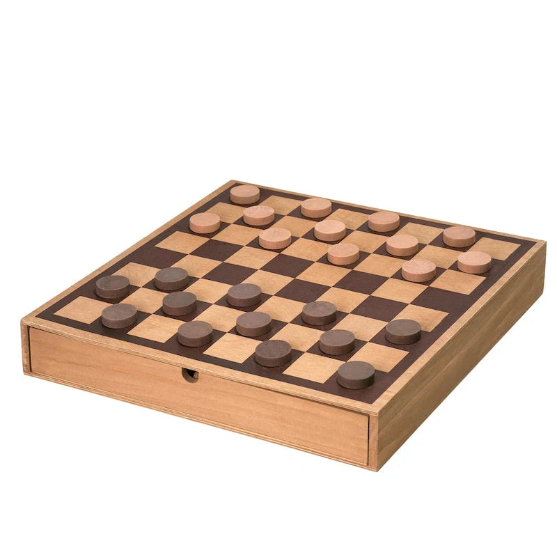 American Art Decor Wood Chess & Checkers Board Game Set with Drawer Tabletop Decor - 2.5 H x 16 L x 16 D