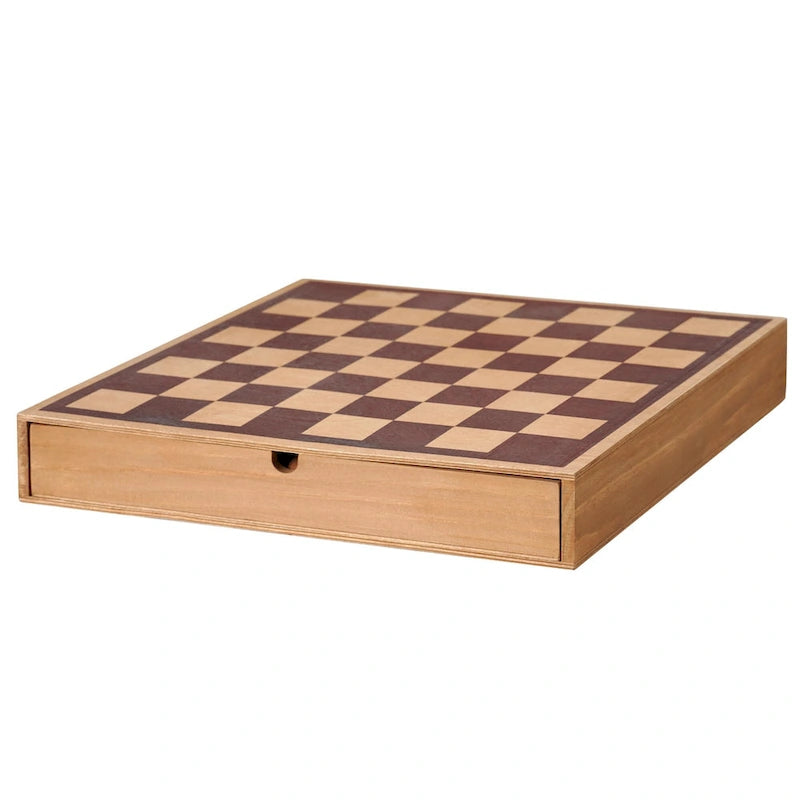 American Art Decor Wood Chess & Checkers Board Game Set with Drawer Tabletop Decor - 2.5 H x 16 L x 16 D