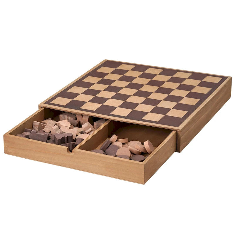 American Art Decor Wood Chess & Checkers Board Game Set with Drawer Tabletop Decor - 2.5 H x 16 L x 16 D