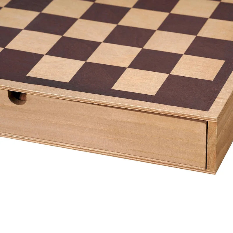 American Art Decor Wood Chess & Checkers Board Game Set with Drawer Tabletop Decor - 2.5 H x 16 L x 16 D